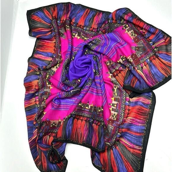 Albert Nipon Wool Square Scarf Purple Multicolor Persian Motifs Excellent 38x38 - Picture 4 of 16